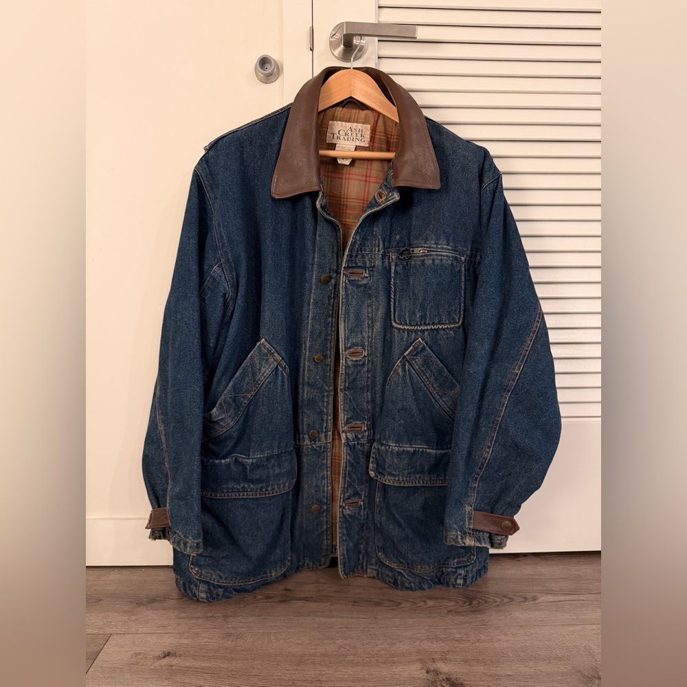 Men’s Vintage Denim Leather Barn Work Jacket with Brown Collar